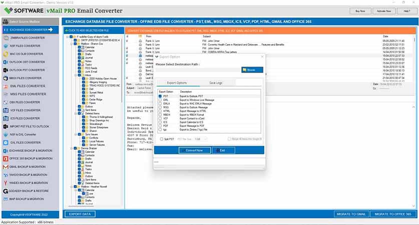 saving exchange mailbox to selected file format